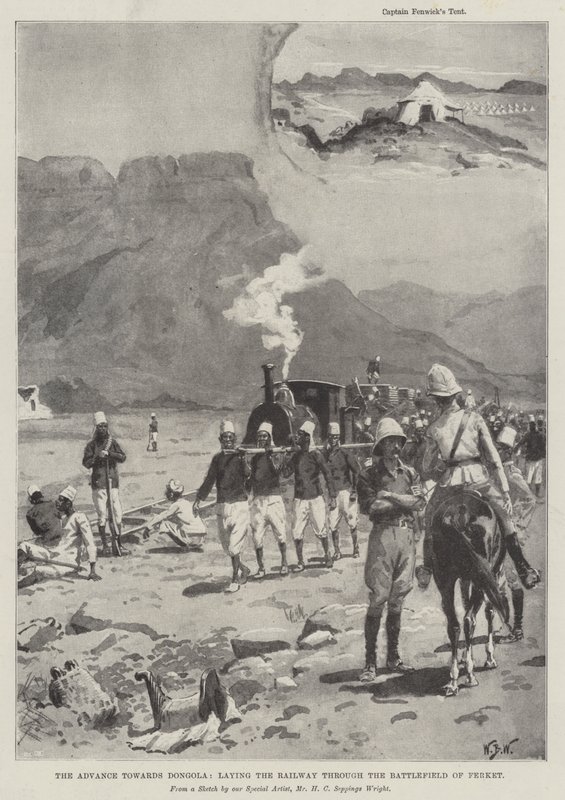 Der Vormarsch nach Dongola, Verlegung der Eisenbahn durch das Schlachtfeld von Ferket von William Barnes Wollen