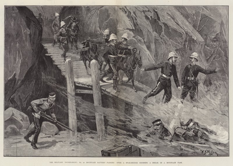 Das Militärturnier, No 10 Mountain Battery überquert eine Spar-Brücke über eine Lücke in einem Gebirgspass von William Barnes Wollen