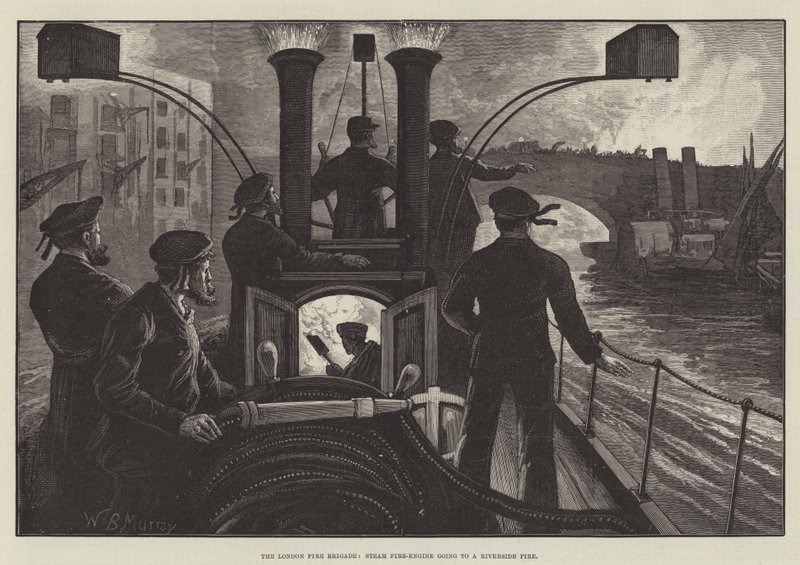 Die Londoner Feuerwehr, Dampffeuerwehr auf dem Weg zu einem Brand am Flussufer von William Bazett Murray