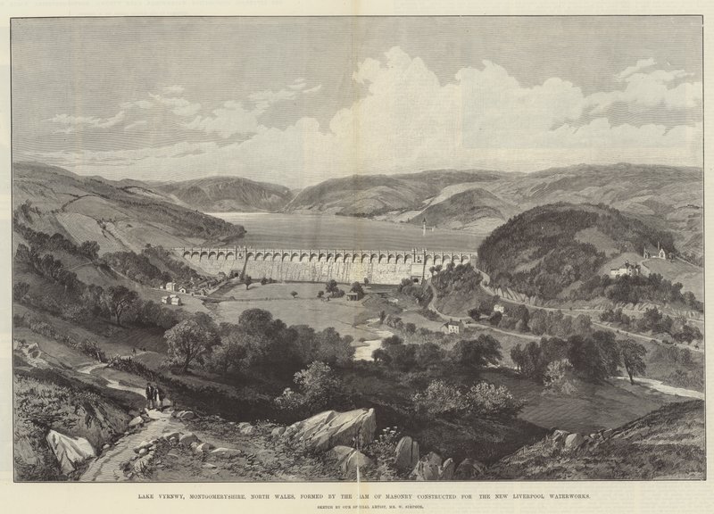 Lake Vyrnwy, Montgomeryshire, Nordwales, gebildet durch den Damm aus Mauerwerk für die neuen Liverpooler Wasserwerke von William Crimea Simpson