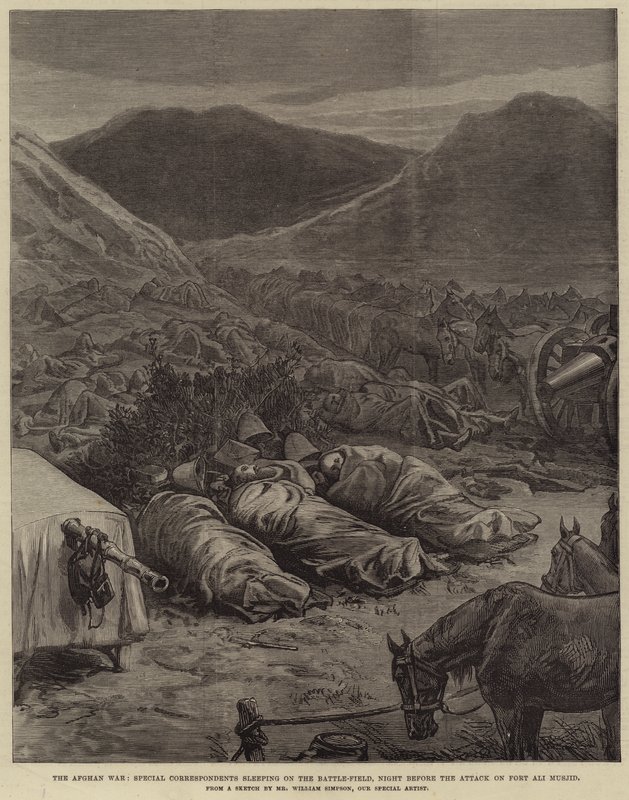 Der Afghanische Krieg, Sonderkorrespondenten schlafen auf dem Schlachtfeld, Nacht vor dem Angriff auf Fort Ali Musjid von William Crimea Simpson