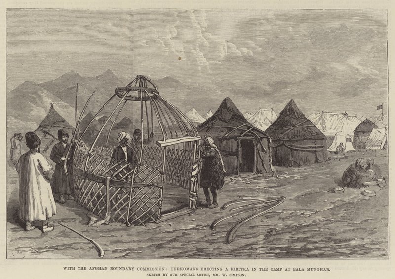 Mit der afghanischen Grenzkommission, Turkmenen errichten eine Kibitka im Lager von Bala Murghab von William Crimea Simpson
