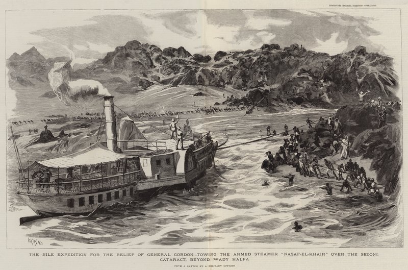 Die Nil-Expedition zur Rettung von General Gordon, das Schleppen des bewaffneten Dampfers Nasaf el Khair über den zweiten Katarakt, jenseits von Wady Halfa von William Lionel Wyllie