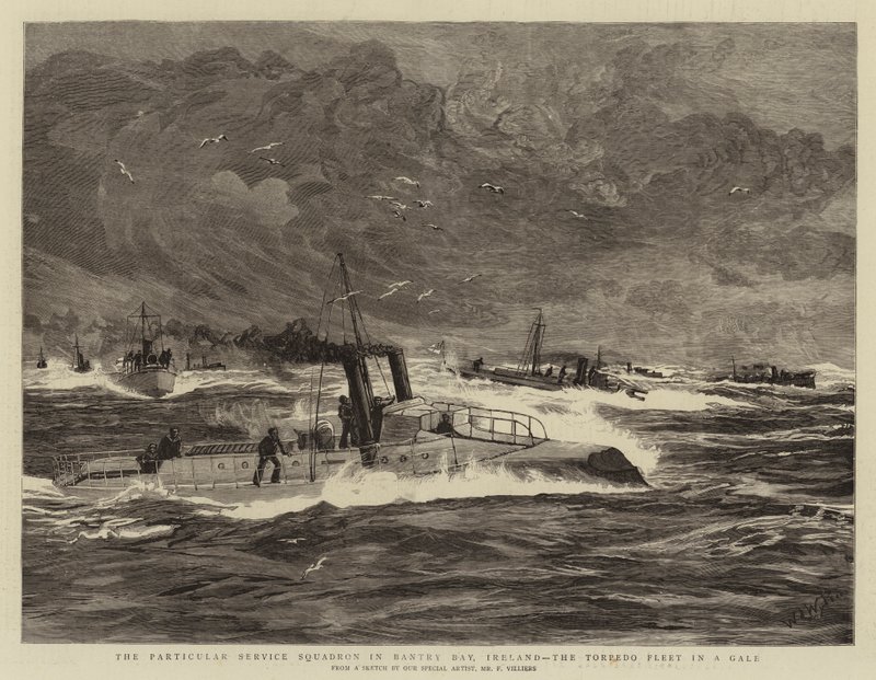 Das Besondere Dienstgeschwader in der Bantry Bay, Irland, die Torpedoflotte in einem Sturm von William Lionel Wyllie