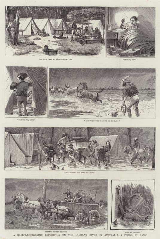 Eine Kaninchenvernichtungs-Expedition am Lachlan River in Australien, eine Überschwemmung im Lager von William Ralston