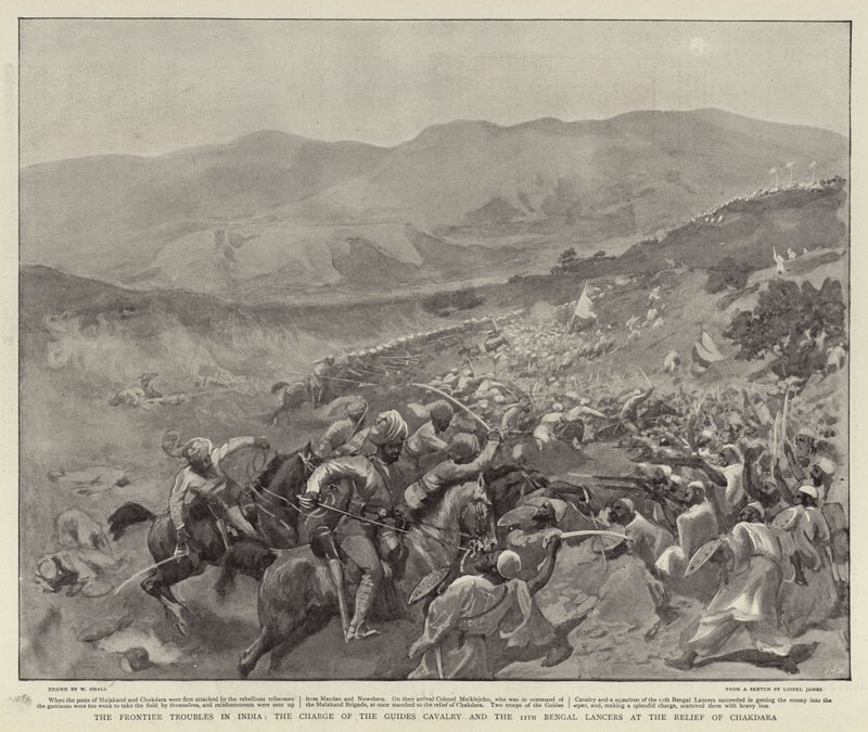Die Grenzprobleme in Indien, der Angriff der Guides-Kavallerie und der 11. Bengal-Lanzenreiter bei der Entlastung von Chakdara, August 1897 von William Small