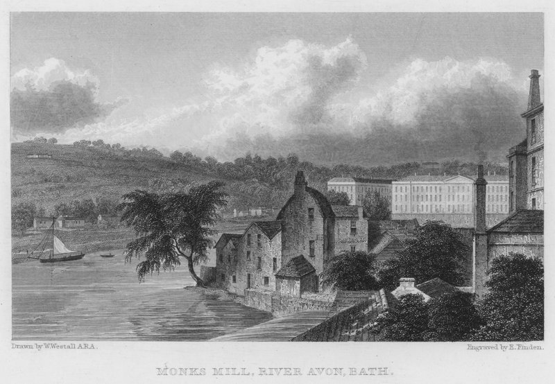Mönchsmühle, Fluss Avon, Bath (Stich) von William (after) Westall