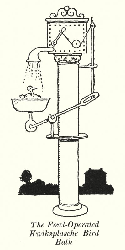 Das von Vögeln betriebene Kwiksplasche-Vogelbad von William Heath Robinson