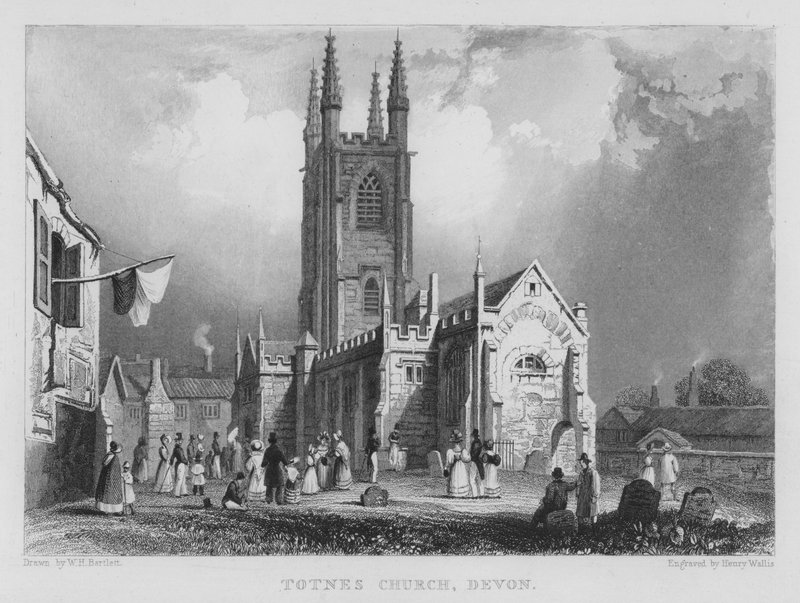 Totnes Kirche, Devon (Stich) von William Henry Bartlett
