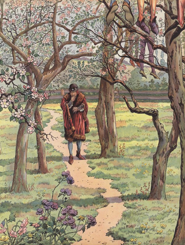 Ludwig XI. von Frankreich geht im Frühling durch einen Obstgarten mit den Leichen von gehängten Männern, die von den Bäumen hängen von Onfray de Breville Job